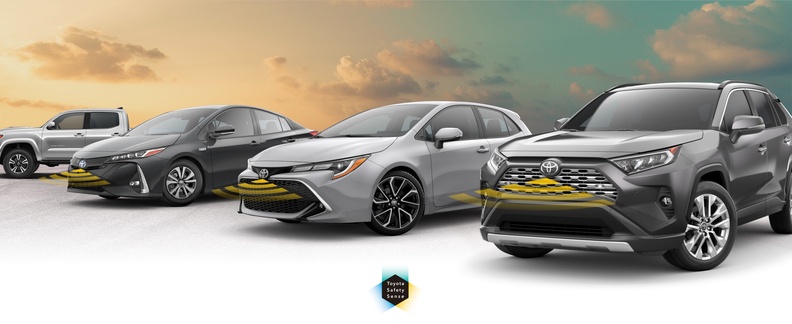 Toyota Safety Sense: Designed for Safety. Options shown on Toyota models including RAV4, Tacoma, and Camry, available now at Hamilton Toyota in Clovis NM.